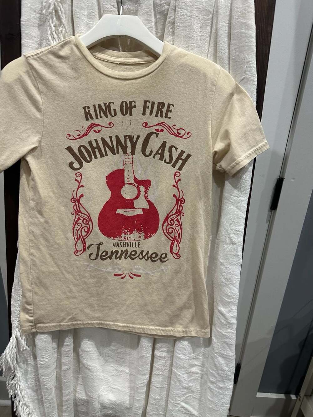 Johnny Cash Ring Of Fire T-Shirt Size 10/12 Beige Nashville Tennessee